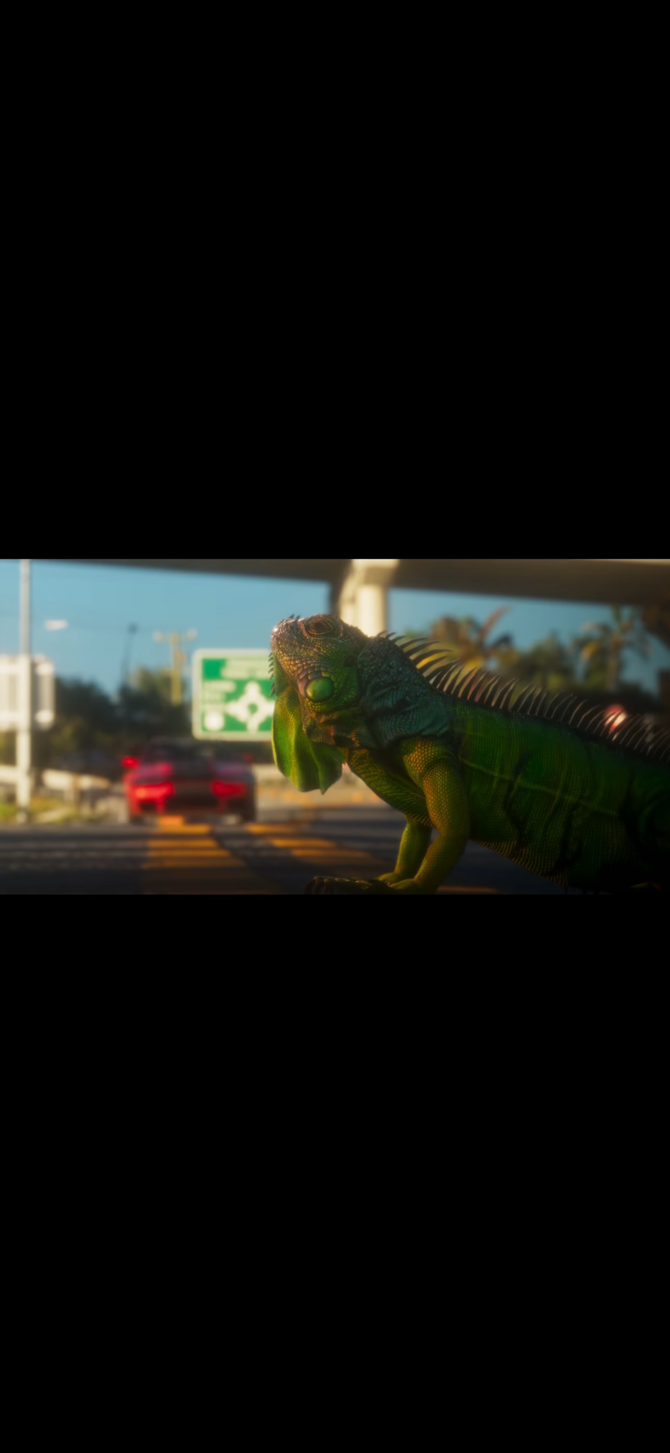 The GTA VI iguana beside the road, from the trailer that inspired Iggy.