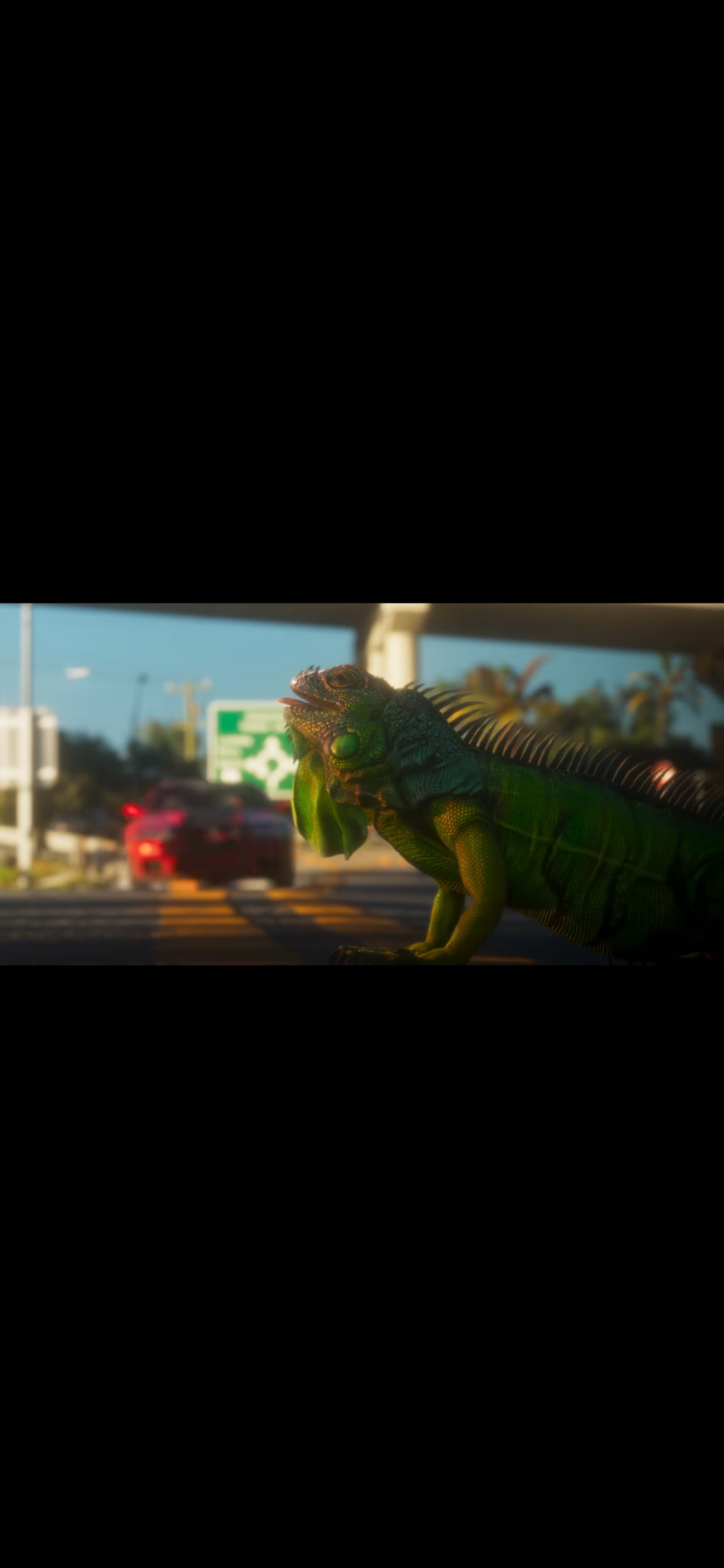 The original iguana extending its tongue, with a red car in the background.